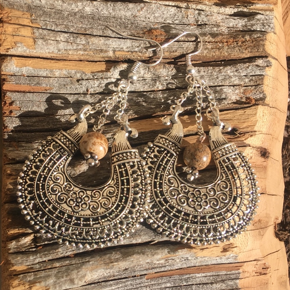 Tibetan half moon earrings sandstone drop bead